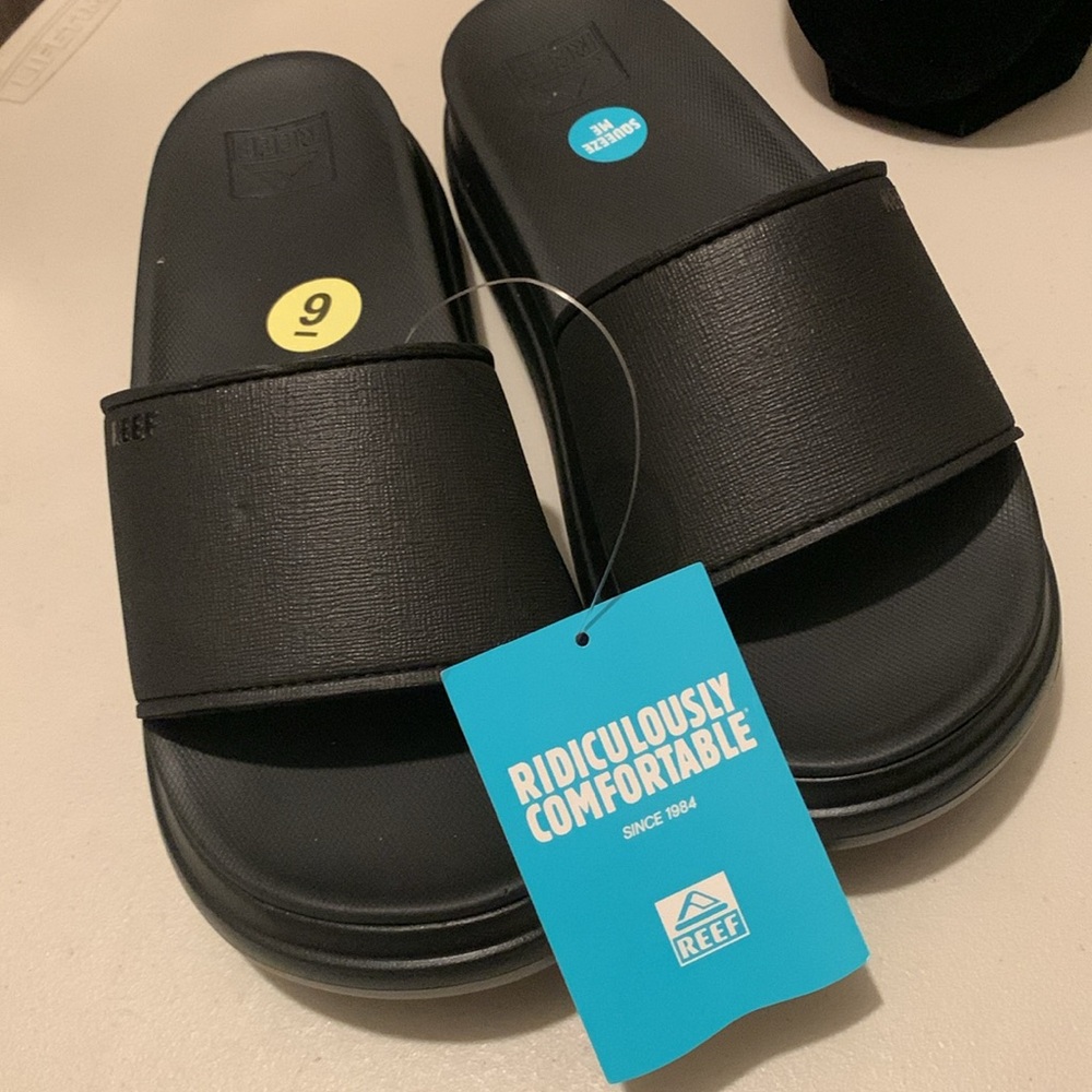 Reef Black Slide Sandals with Platform Sole